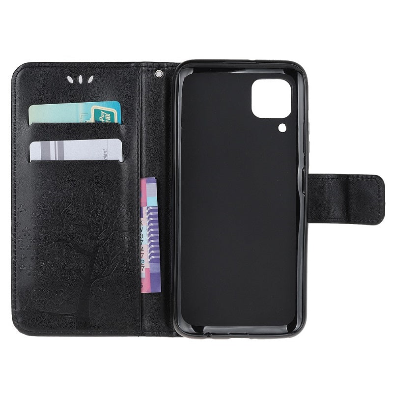 Кожен Калъф с Джобове за Huawei P40 Lite, Tree Owl Wallet Book Case, Черен (5)