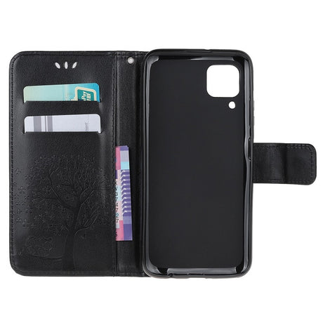 Кожен Калъф с Джобове за Huawei P40 Lite, Tree Owl Wallet Book Case, Черен (5)