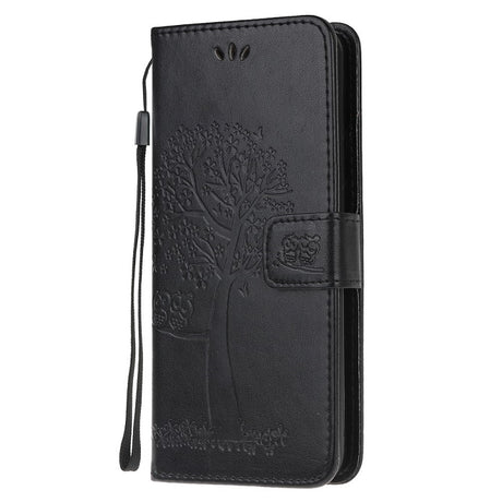 Кожен Калъф с Джобове за Huawei P40 Lite, Tree Owl Wallet Book Case, Черен