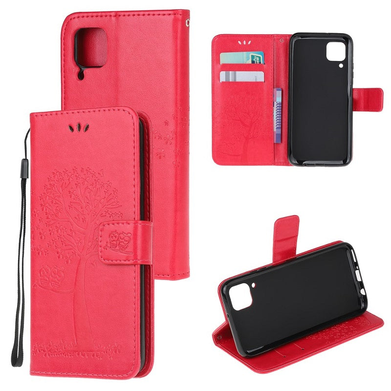 Кожен Калъф с Джобове за Huawei P40 Lite, Tree Owl Wallet Book Case, Червен (5)