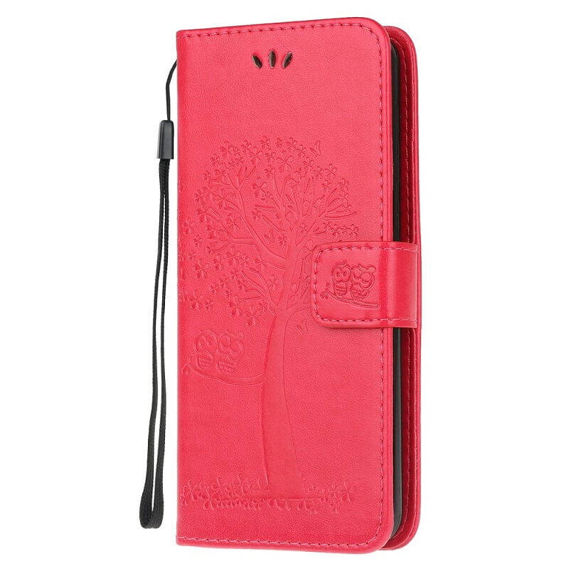 Кожен Калъф с Джобове за Huawei P40 Lite, Tree Owl Wallet Book Case, Червен