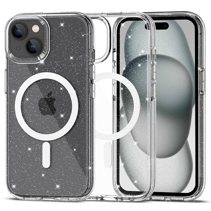 Magsafe Калъф за iPhone 15 Plus, Tech-Protect Hybrid FlexAir Glitter Clear Case, Прозрачен