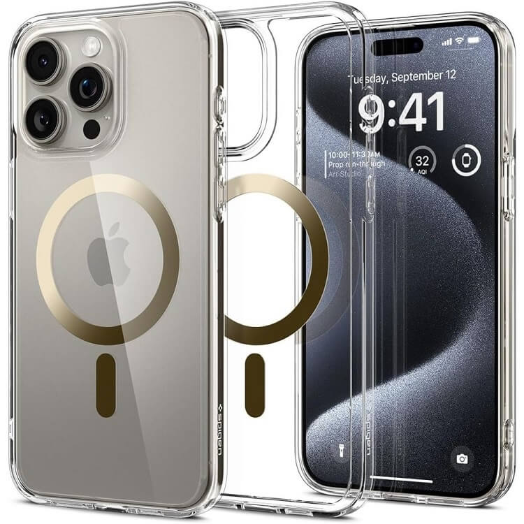 Magsafe Противоударен Калъф за iPhone 15 Pro Max, Spigen Ultra Hybrid Case, Златист