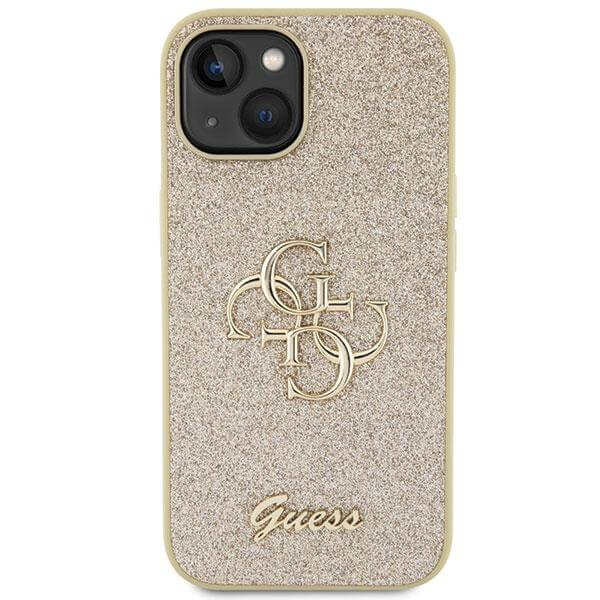 Блестящ Калъф за iPhone 15, Guess Glitter Script Big 4G Case, Златист (3)