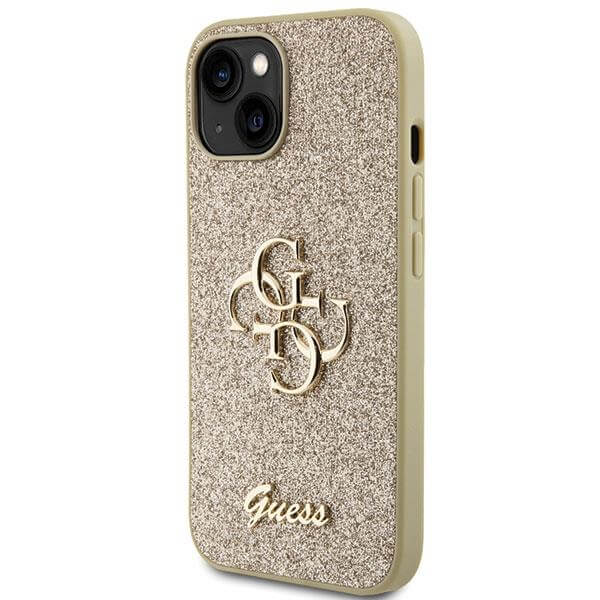 Блестящ Калъф за iPhone 15, Guess Glitter Script Big 4G Case, Златист (2)