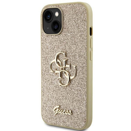 Блестящ Калъф за iPhone 15, Guess Glitter Script Big 4G Case, Златист (2)