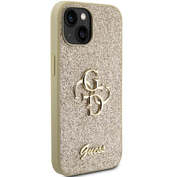 Блестящ Калъф за iPhone 15, Guess Glitter Script Big 4G Case, Златист (4)