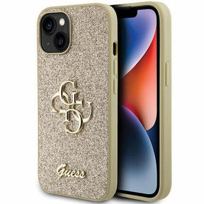 Блестящ Калъф за iPhone 15, Guess Glitter Script Big 4G Case, Златист