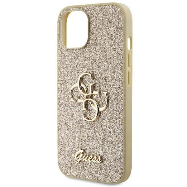 Блестящ Калъф за iPhone 15, Guess Glitter Script Big 4G Case, Златист (6)