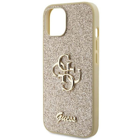 Блестящ Калъф за iPhone 15, Guess Glitter Script Big 4G Case, Златист (6)