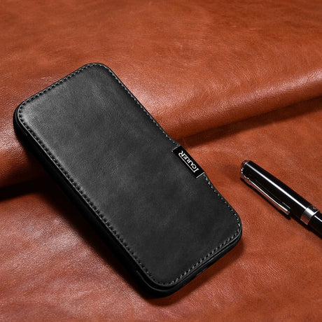 Magsafe Калъф от Естествена Кожа за iPhone 15 Pro, iCarer Oil Wax Book Leather Case, Черен (7)