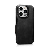 Magsafe Калъф от Естествена Кожа за iPhone 15 Pro, iCarer Oil Wax Book Leather Case, Черен (4)