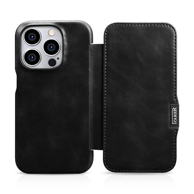 Magsafe Калъф от Естествена Кожа за iPhone 15 Pro, iCarer Oil Wax Book Leather Case, Черен