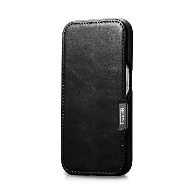 Magsafe Калъф от Естествена Кожа за iPhone 15 Pro, iCarer Oil Wax Book Leather Case, Черен (3)
