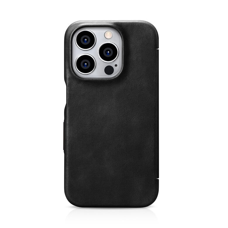 Magsafe Калъф от Естествена Кожа за iPhone 15 Pro, iCarer Oil Wax Book Leather Case, Черен (2)