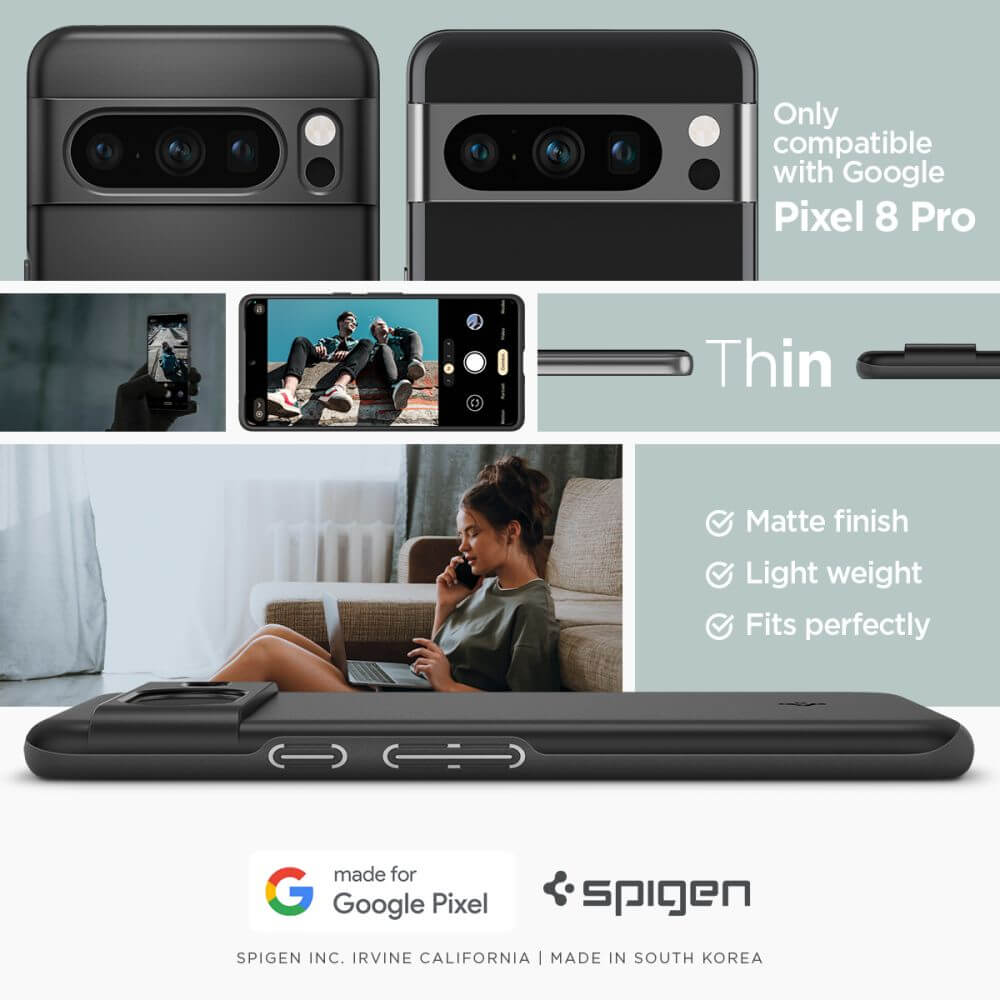 Противоударен Калъф за Google Pixel 8 Pro, Spigen Thin Fit Case, Черен (6)