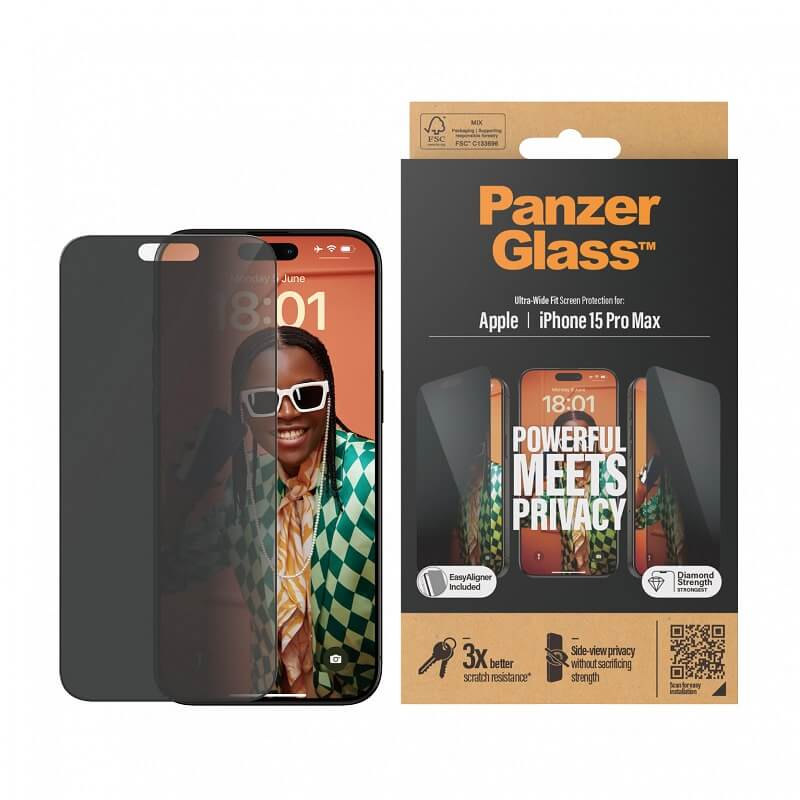 Затъмняващ Протектор за iPhone 15 Pro Max, PanzerGlass Privacy Anti-Spy UWF, Черен