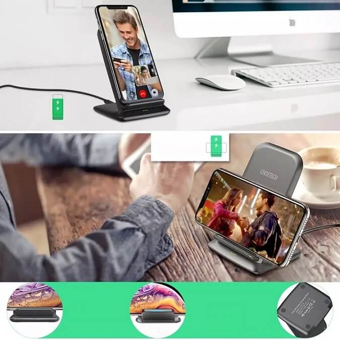 Безжично Зарядно за Телефон, Choetech Wireless Stand Charger 15W, Черен (7)
