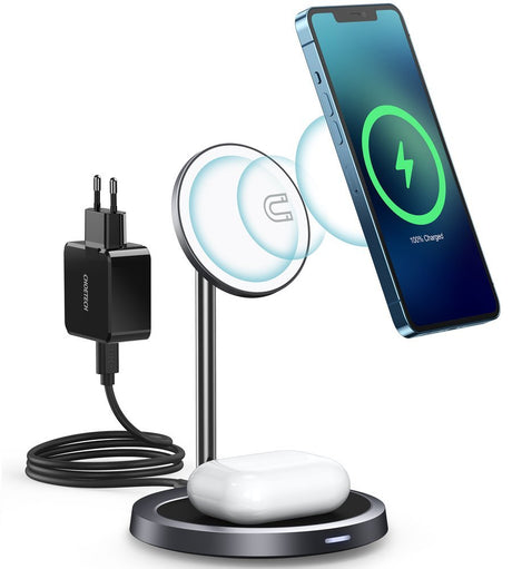 Безжично Зарядно Magsafe 2в1 за iPhone, Choetech Wireless Charging Stand 15W, Сив