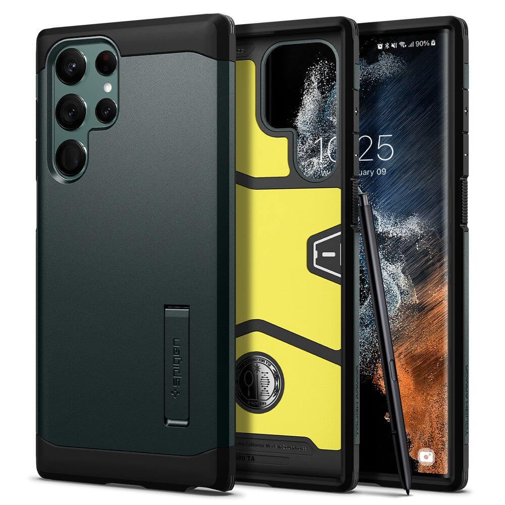 Противоударен Хибриден Калъф за Samsung S22 Ultra, Spigen Tough Armor Case, Зелен (5)