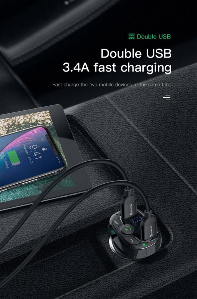 Безжичен Трансмитер за Кола, Baseus FM Bluetooth 3.4А Charge, Черен (6)