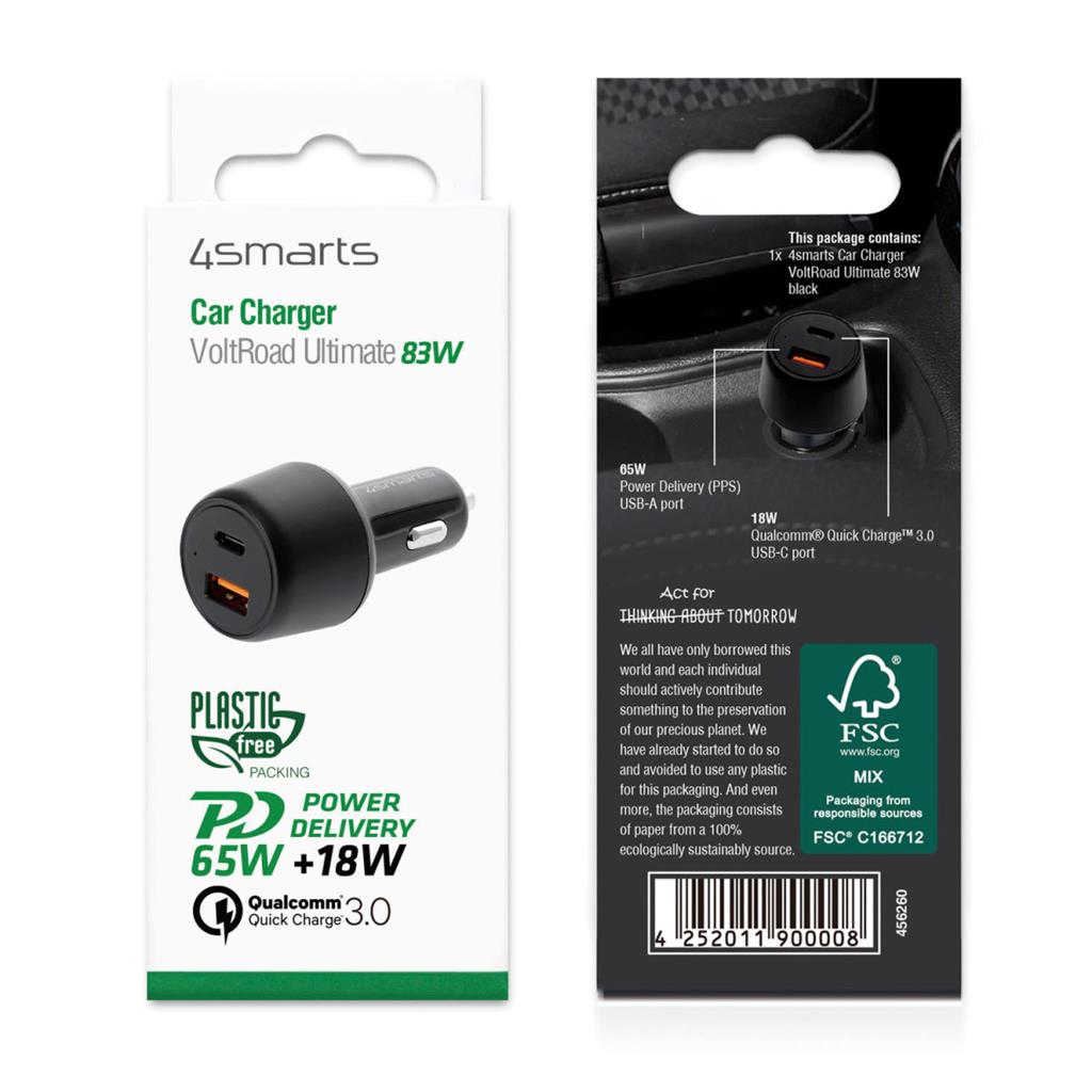 Бързо Зарядно за Кола USB-C, 4Smarts 12V 65W+18W, Черен (7)