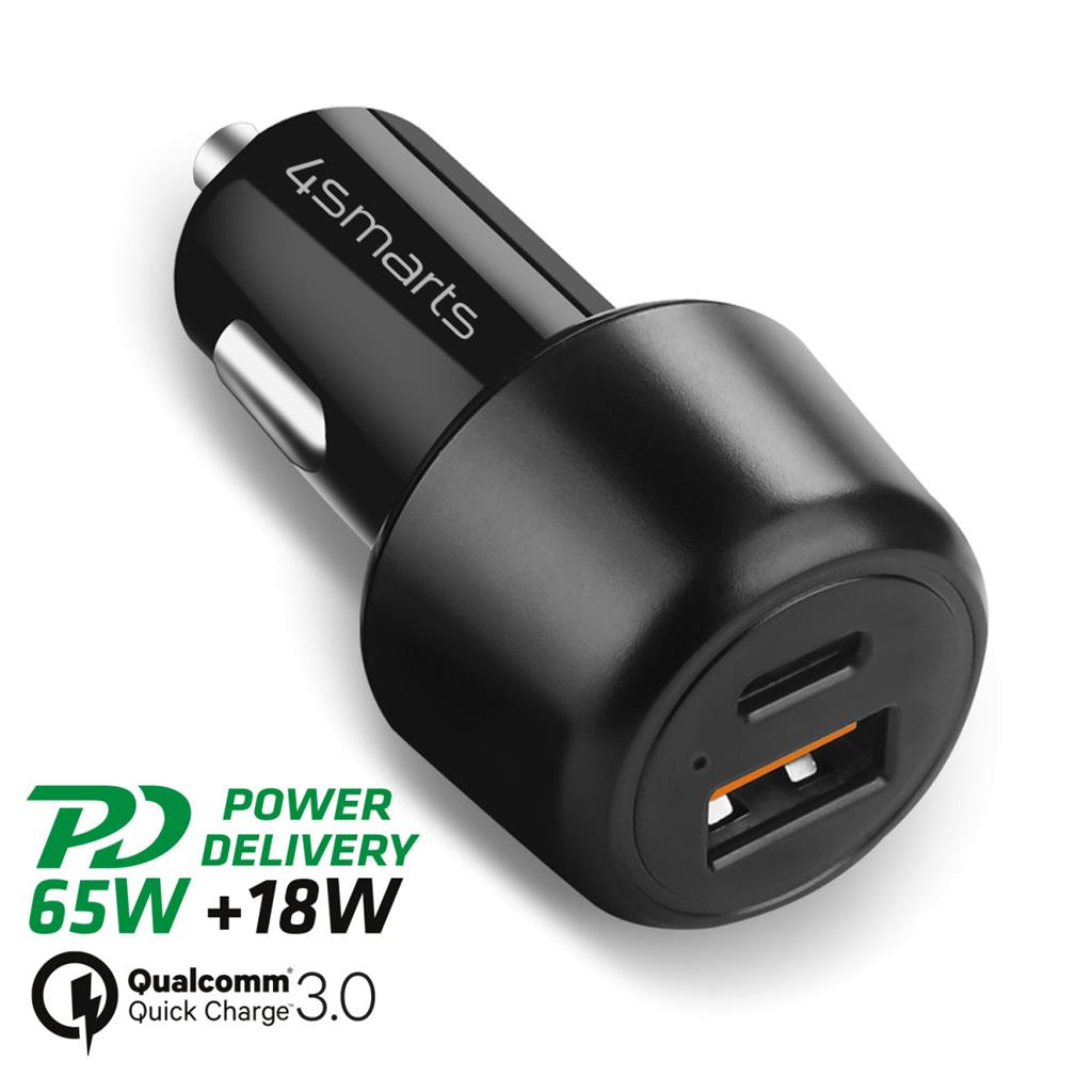 Бързо Зарядно за Кола USB-C, 4Smarts 12V 65W+18W, Черен