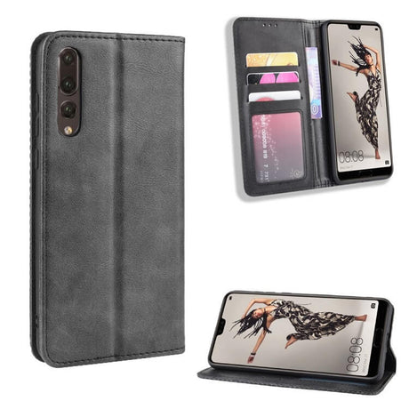 Калъф от Естествена Кожа за Huawei P20 Pro, Retro Leather Wallet Case, Черен (3)