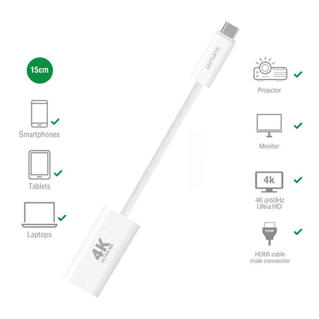 HDMI Видео Кабел-Адаптер, 4Smarts USB-C to HDMI 15cm, Бял (4)