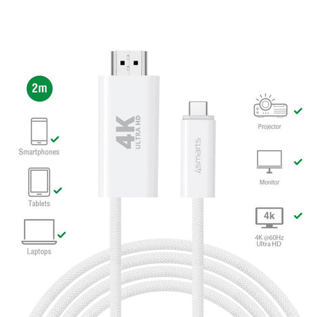 HDMI Видео Кабел, 4Smarts USB-C to HDMI 2m, Бял (2)