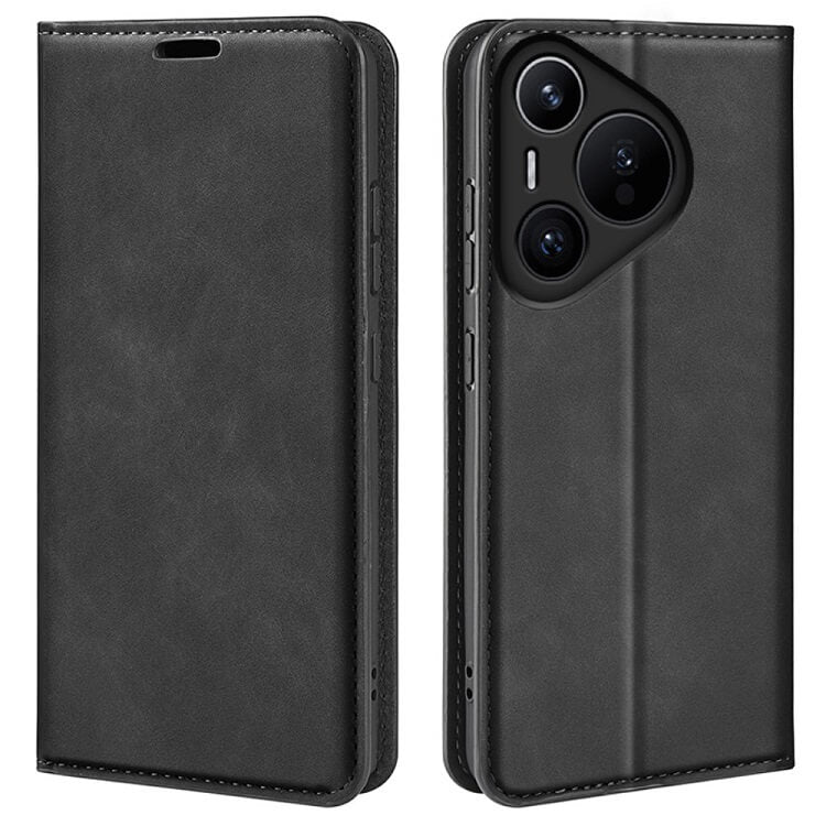 Кожен Калъф с Джобове за Huawei Pura 70, Wallet Book Case, Черен