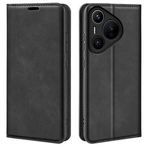 Кожен Калъф с Джобове за Huawei Pura 70 Pro, Wallet Book Case, Черен