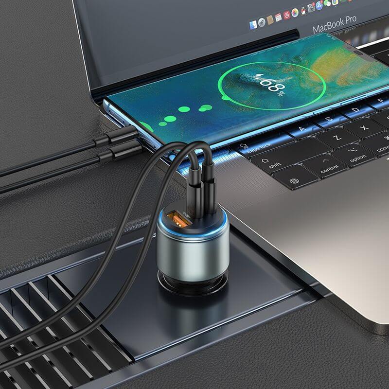 Тройно Зарядно за Кола с USB-C и USB-A, Hoco 12V 95W, Сив (6)