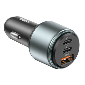 Тройно Зарядно за Кола с USB-C и USB-A, Hoco 12V 95W, Сив