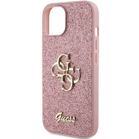 Блестящ Калъф за iPhone 15, Guess Glitter Script Big 4G Case, Розов (6)