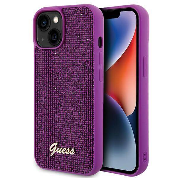 Блестящ Калъф за iPhone 15, Guess Disco Metal Script Case, Лилав