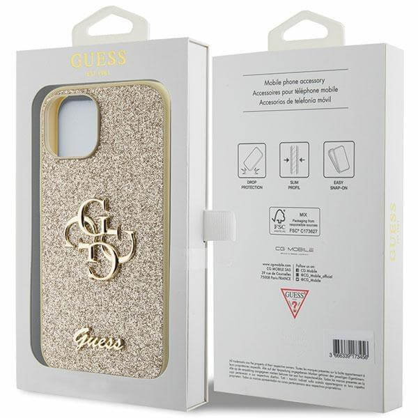 Блестящ Калъф за iPhone 15, Guess Glitter Script Big 4G Case, Златист (8)