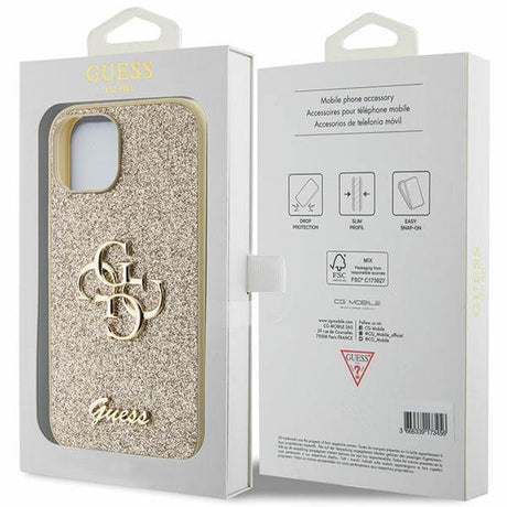Блестящ Калъф за iPhone 15, Guess Glitter Script Big 4G Case, Златист (8)