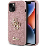 Блестящ Калъф за iPhone 15, Guess Glitter Script Big 4G Case, Розов