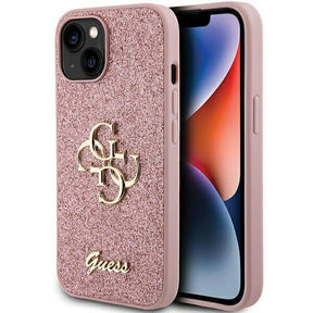Блестящ Калъф за iPhone 15, Guess Glitter Script Big 4G Case, Розов