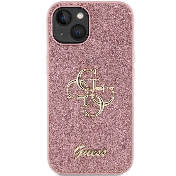 Блестящ Калъф за iPhone 15, Guess Glitter Script Big 4G Case, Розов (3)
