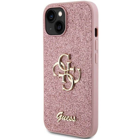 Блестящ Калъф за iPhone 15, Guess Glitter Script Big 4G Case, Розов (2)