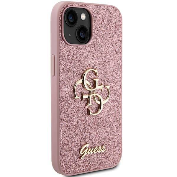 Блестящ Калъф за iPhone 15, Guess Glitter Script Big 4G Case, Розов (4)
