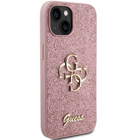 Блестящ Калъф за iPhone 15, Guess Glitter Script Big 4G Case, Розов (4)
