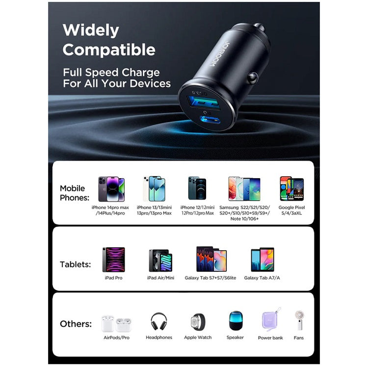 Двойно Зарядно за Кола USB-C/A, Joyroom 30W Mini Metal Car Charger PD-QC3.0, Черен (7)