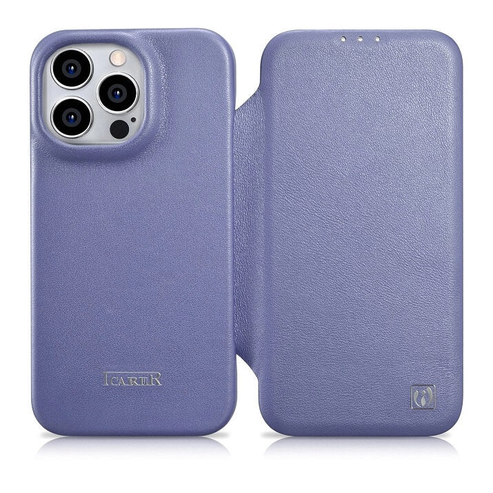 Magsafe Калъф от Естествена Кожа за iPhone 14 Pro Max, iCarer CE Wax Book Leather Case, Лилав
