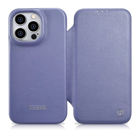 Magsafe Калъф от Естествена Кожа за iPhone 14 Pro Max, iCarer CE Wax Book Leather Case, Лилав