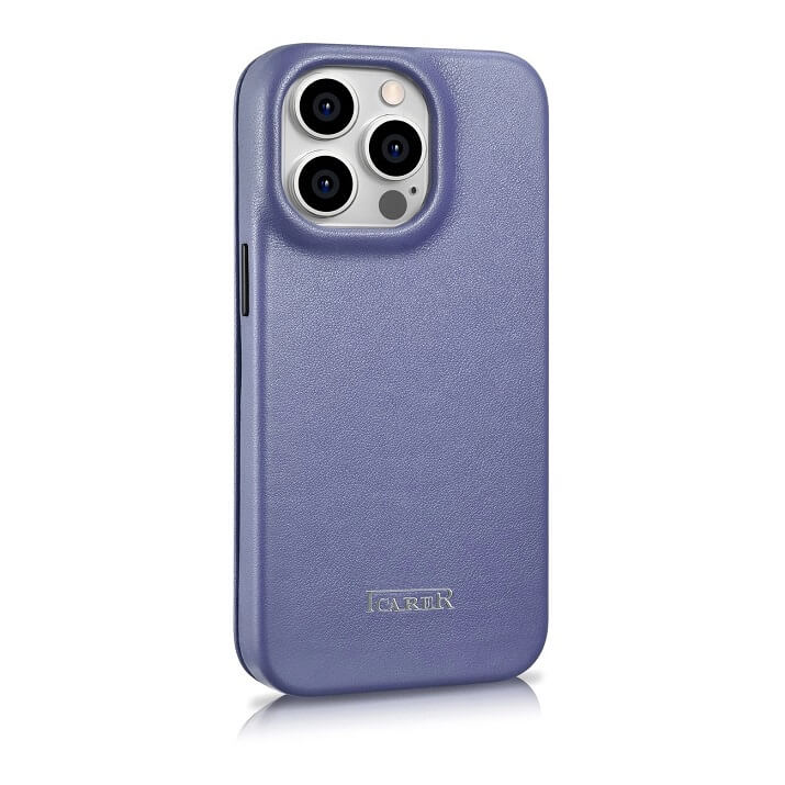 Magsafe Калъф от Естествена Кожа за iPhone 14 Pro Max, iCarer CE Wax Book Leather Case, Лилав (3)