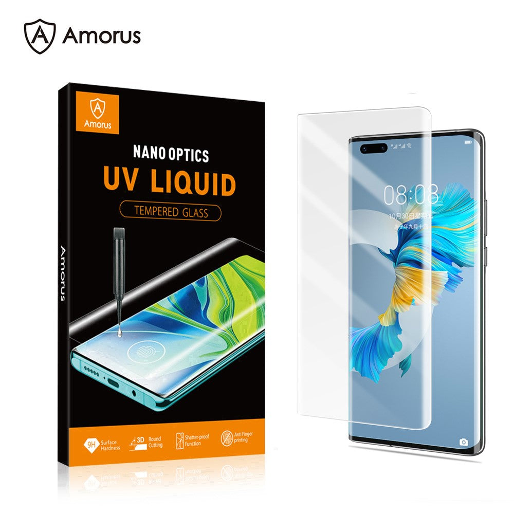 Стъклен Протектор с UV лепило за Huawei Mate 20 Pro, Amorus UV 5D Glass, Прозрачен