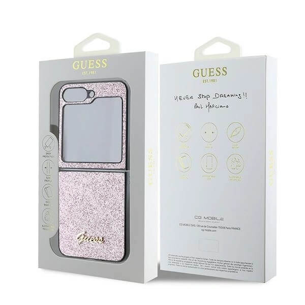 Блестящ Калъф за Samsung Z Flip 7 FE/Z Flip 6, Guess Glitter Script Case, Розов (8)